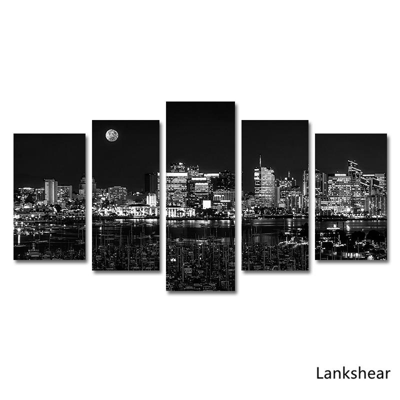 5 шт. холст картины стены искусства черно-белый город ночной вид картины настенные картины произведения искусства для домашнего декора картины 20x35cm*2 20x45cm*2 20x55cm*1